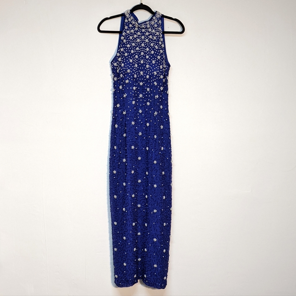 Ted Lapidus Paris 100% Silk Royal Blue Beads Embellished Evening Dress Gown